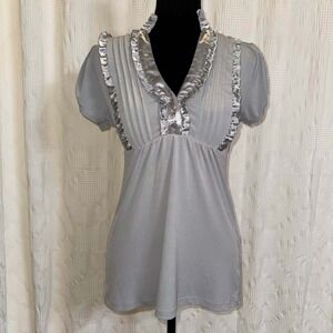 Vintage Heart Soul Blouse Grey Satin Ruffle Pleated Babydoll Junior Size Small